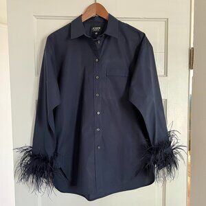 J Crew Navy Feather Trim Cotton Poplin Button-Up Shirt w/Collar — Size 10 NWOT
